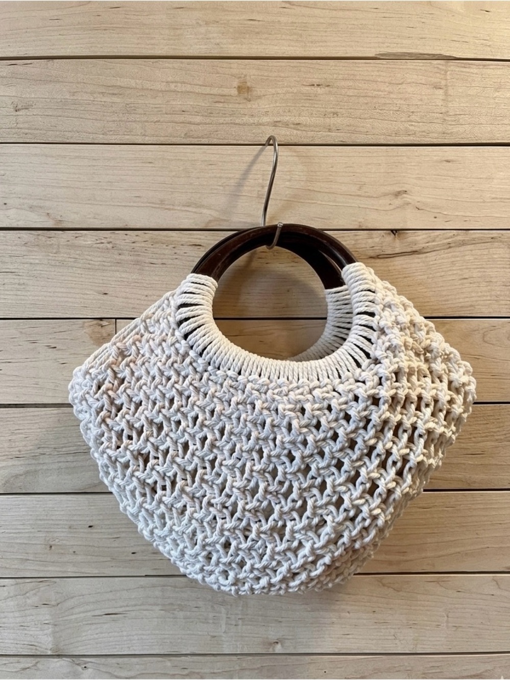 Handmade Macramé Tote with Dark Wood Handles & Organizer Insert - Picture 10 of 10